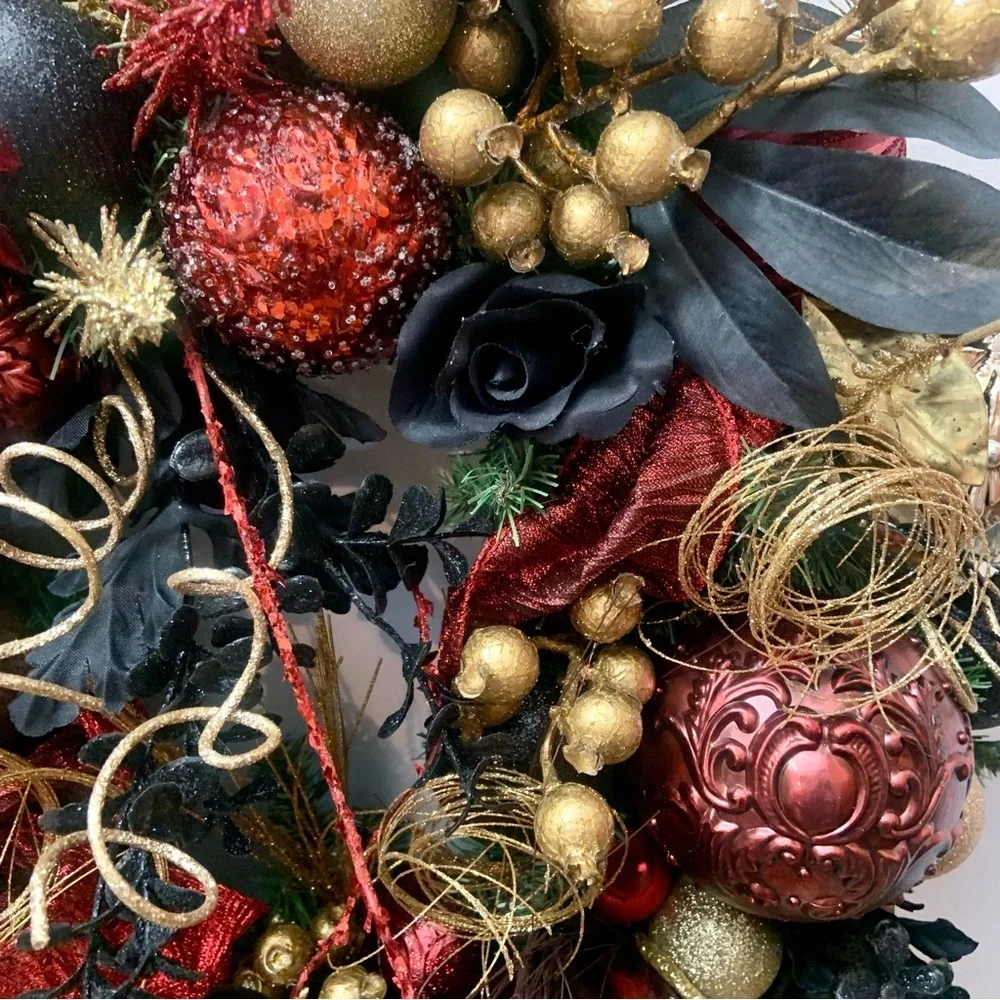 Elegant Unique Floral Christmas Contemporary Black Red Gold Door Wall Wreath